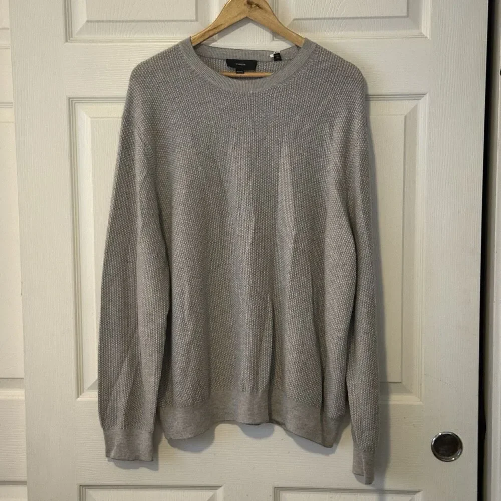 Vince Geo Jacquard Wool Cotton Cashmere Blend Crewneck Sweater Gray Mens XXL NWT